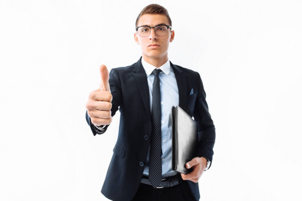 man black suit glasses folder