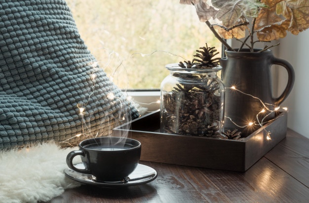 still life in home interior cozy autumn or winter cozy winter or autumn cup of coffee at home warm fluffy furskin garland swedish hygge concept 91908 1751